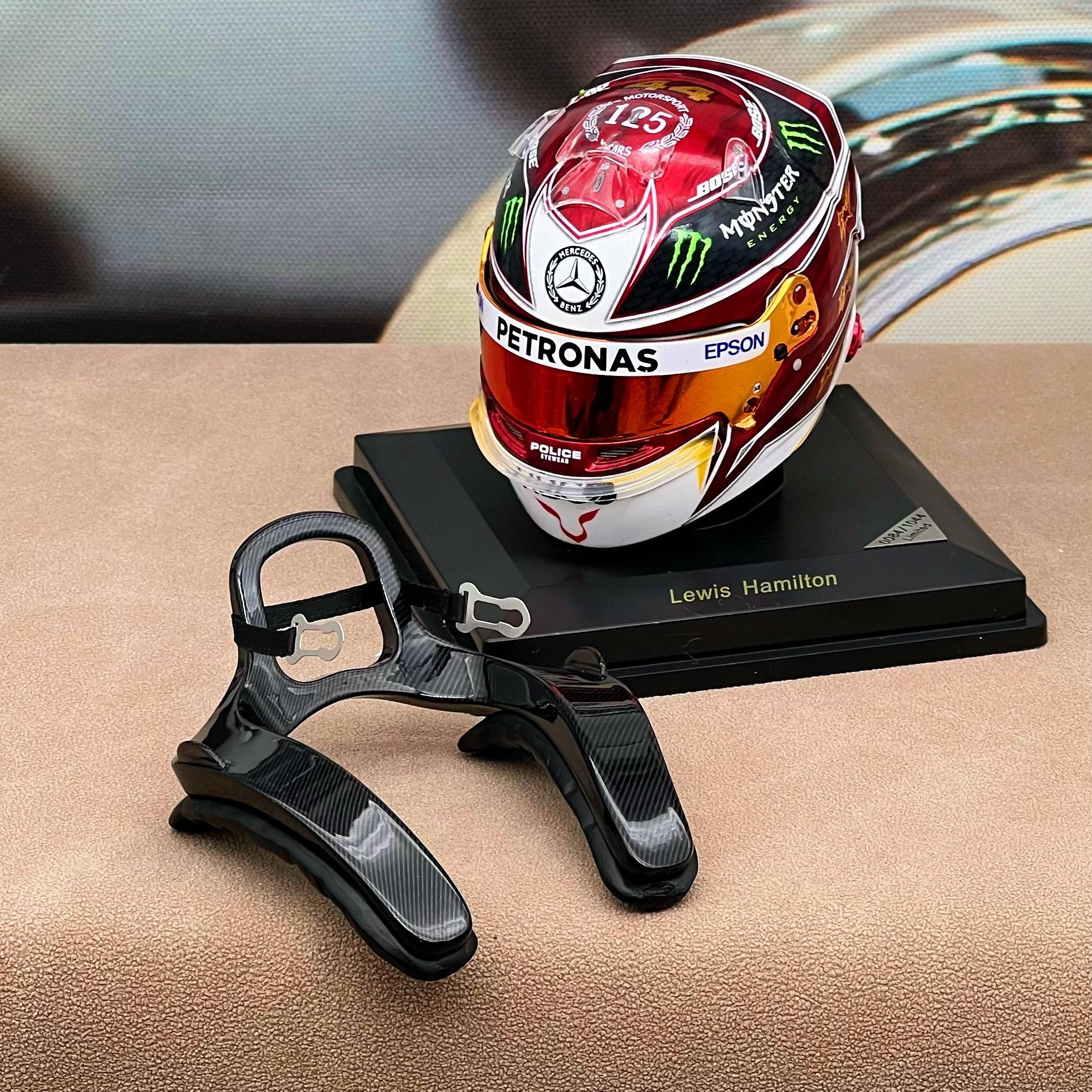 F1 Racing Helmet HANS Device 1:5 Scale Stand – Compatible with Looksmart & Spark Helmets (Helmet Not Included)