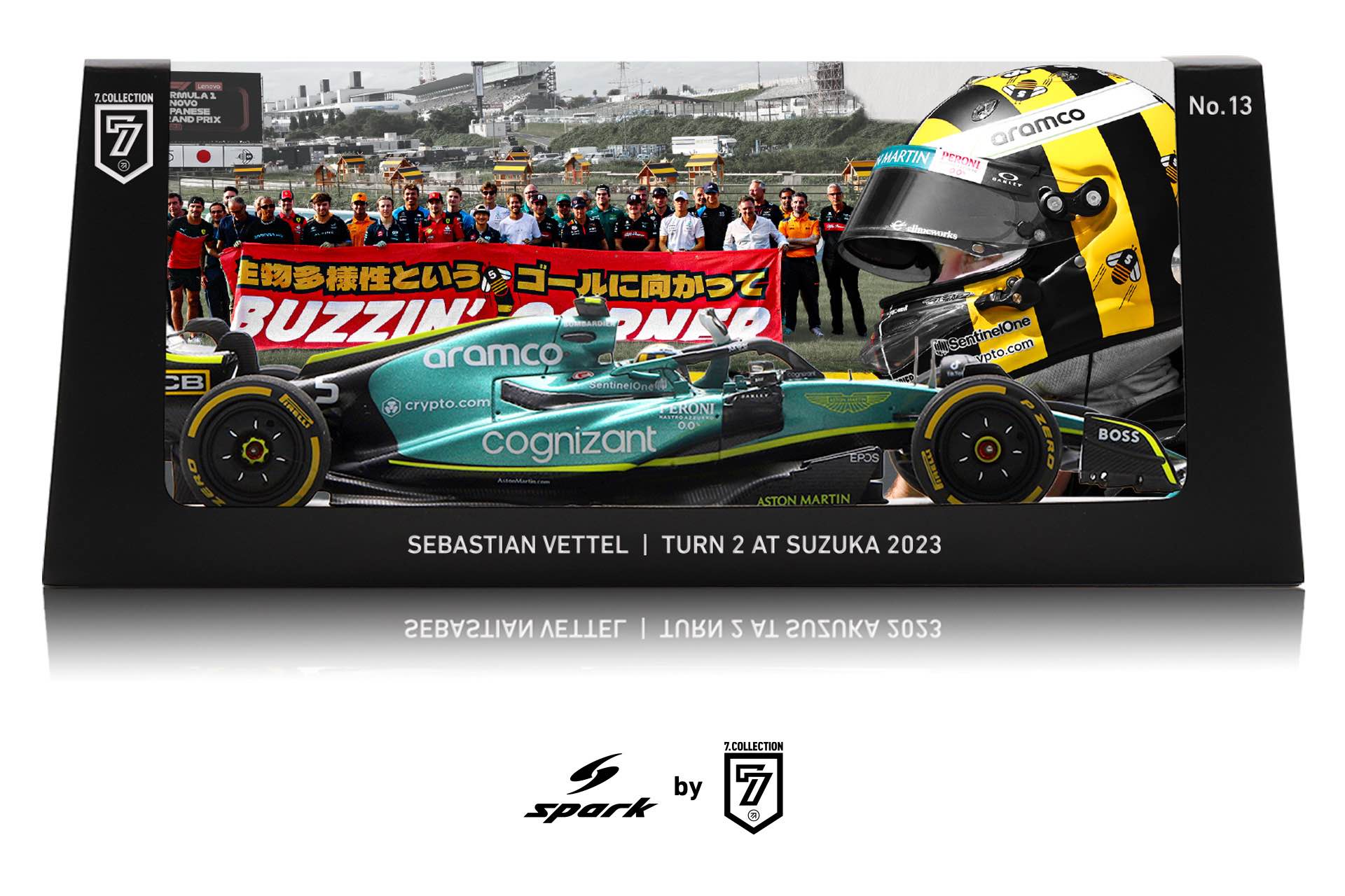 SPARK 1:43 "BUZZIN’ CORNER" Japanese GP 2023 Aston Martin AMR22 Sebastian Vettel (Austrian GP 2022 Spec) - NKN13