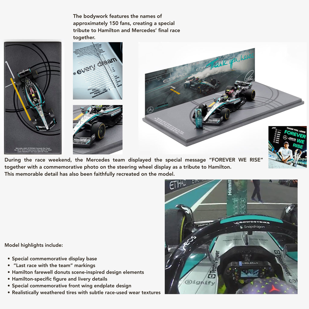 SPARK 1:43 Mercedes-AMG PETRONAS Formula One Team No. 44 F1 W15 E Performance Abu Dhabi GP 2024 Lewis Hamilton's last race with the Team - SP659