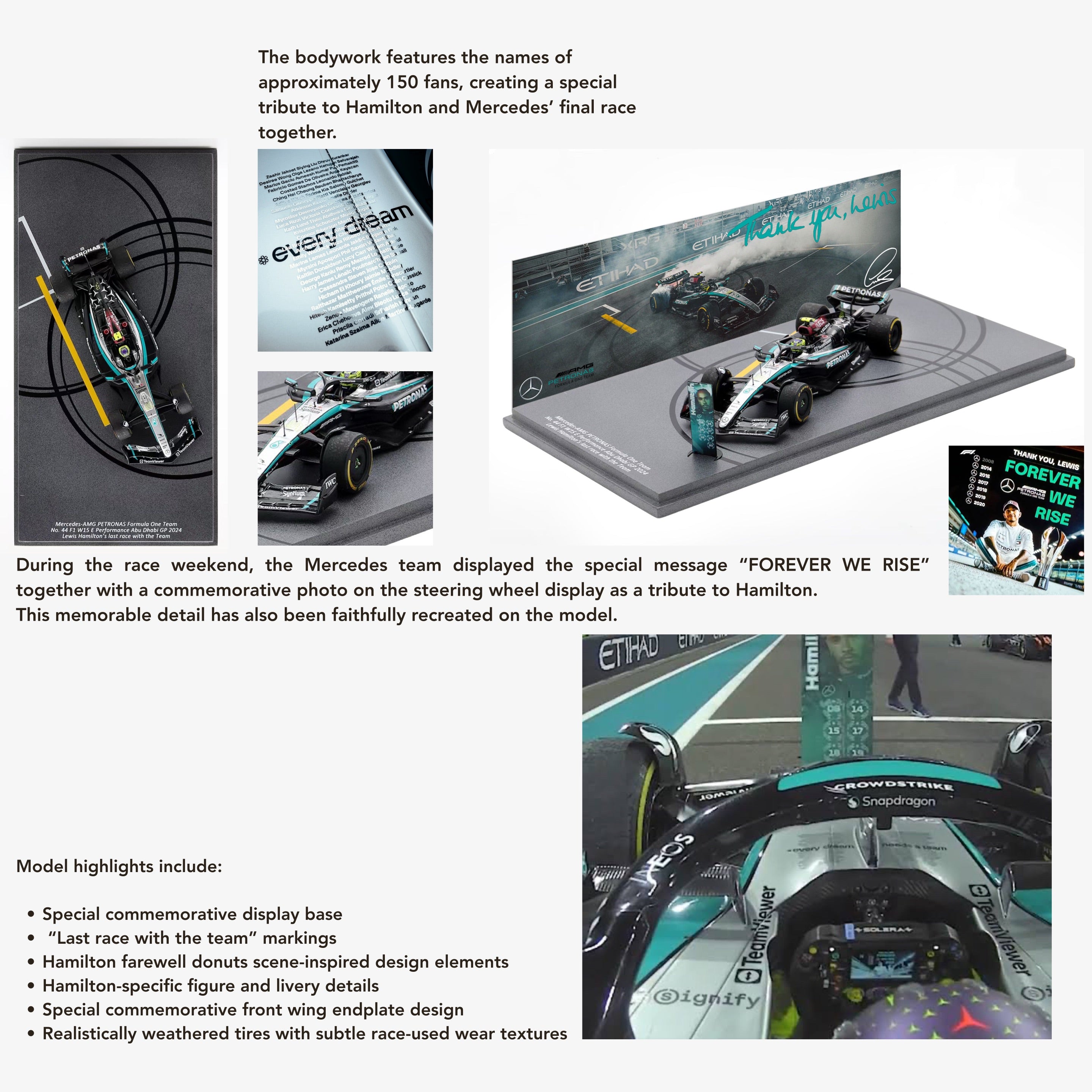 SPARK 1:43 Mercedes-AMG PETRONAS Formula One Team No. 44 F1 W15 E Performance Abu Dhabi GP 2024 Lewis Hamilton's last race with the Team - SP659