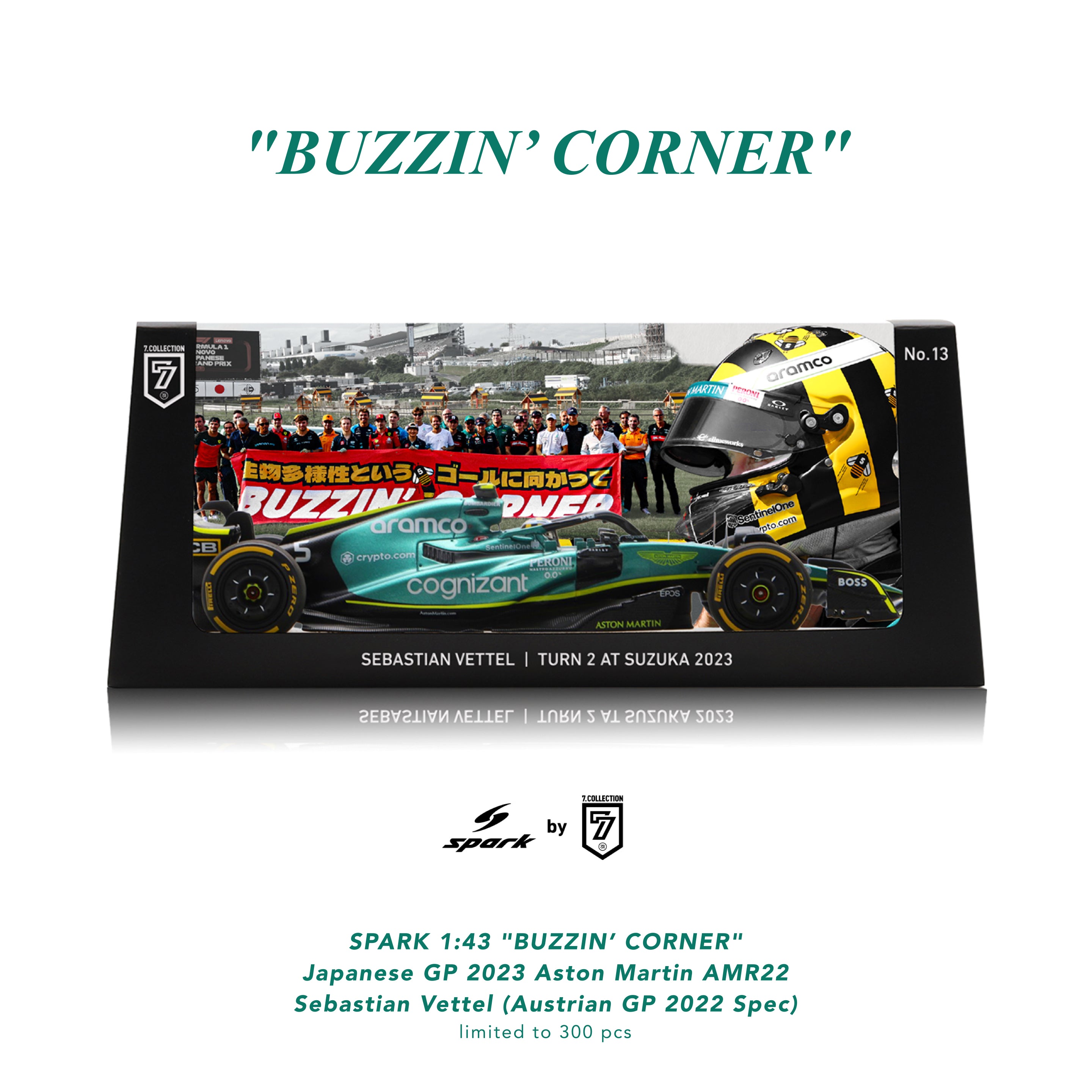 SPARK 1:43 "BUZZIN’ CORNER" Japanese GP 2023 Aston Martin AMR22 Sebastian Vettel (Austrian GP 2022 Spec) - NKN13